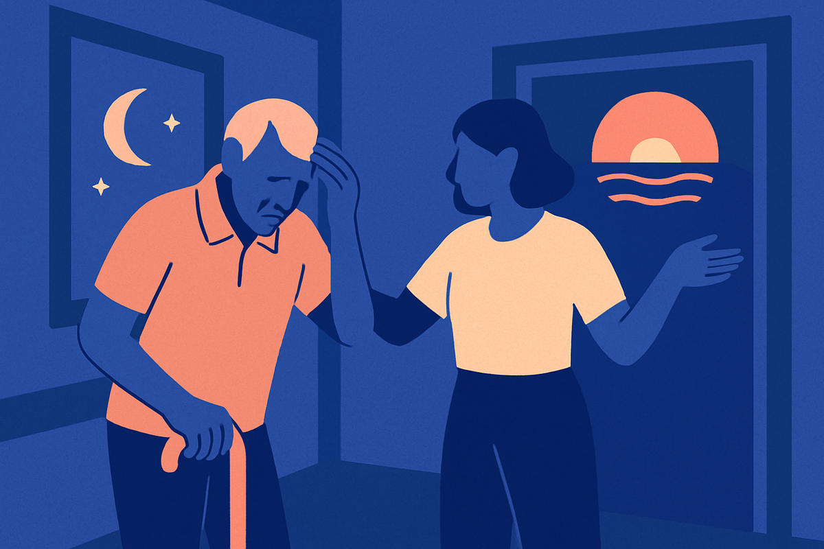 A woman comforts a distressed older man with a cane at night, moon and sunset symbols nearby
