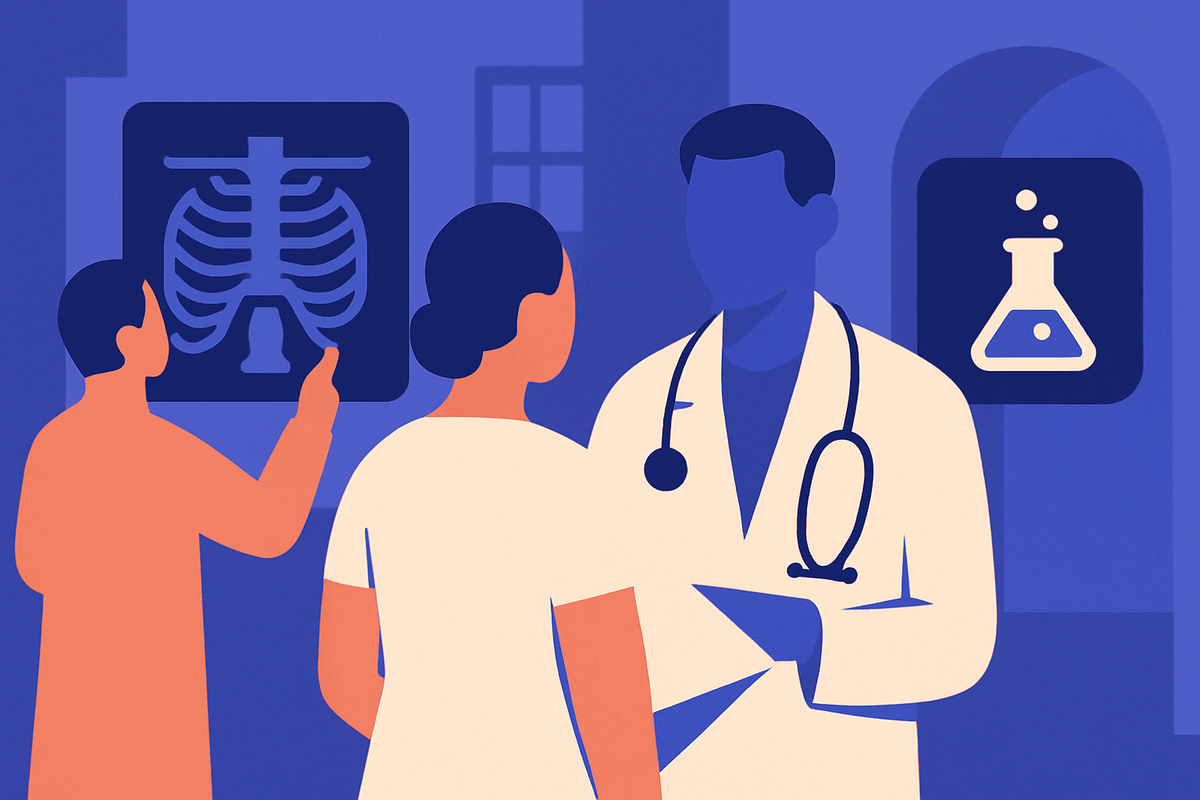 People review a chest X-ray and a lab-flask icon with a doctor