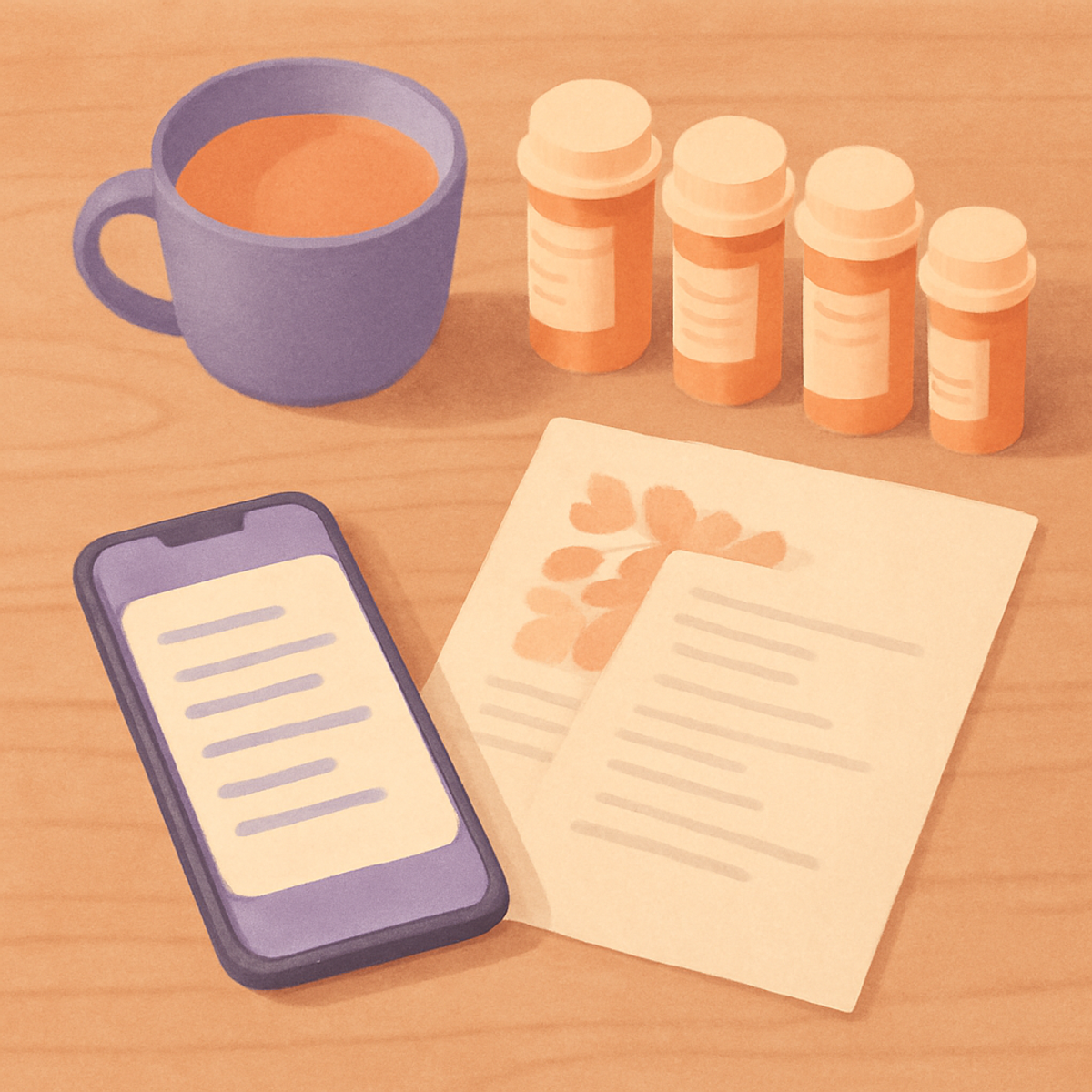 A caregiver reviewing a printed medication list with the pharmacist on the phone