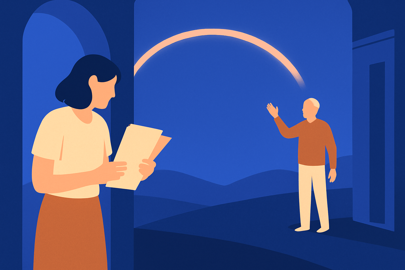 A woman reads documents as an older man waves from a distant hill, an arc between them