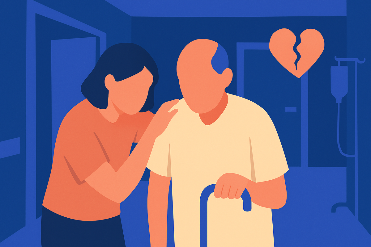 A woman comforts an older man with a cane, a broken-heart symbol nearby