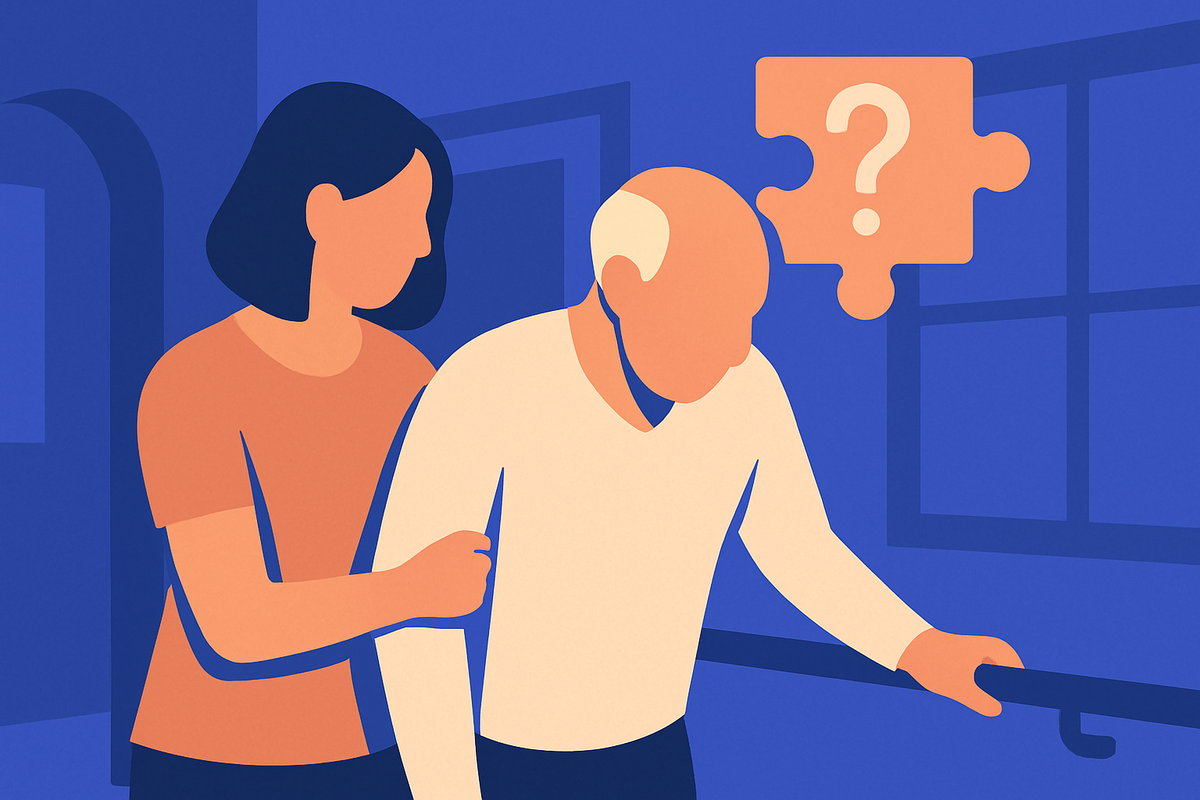 A woman steadies an older man at a handrail, a puzzle piece with a question mark nearby