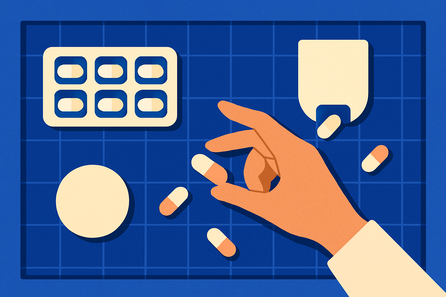 A person opens a locked medication cabinet holding a pill bottle, a padlock icon above