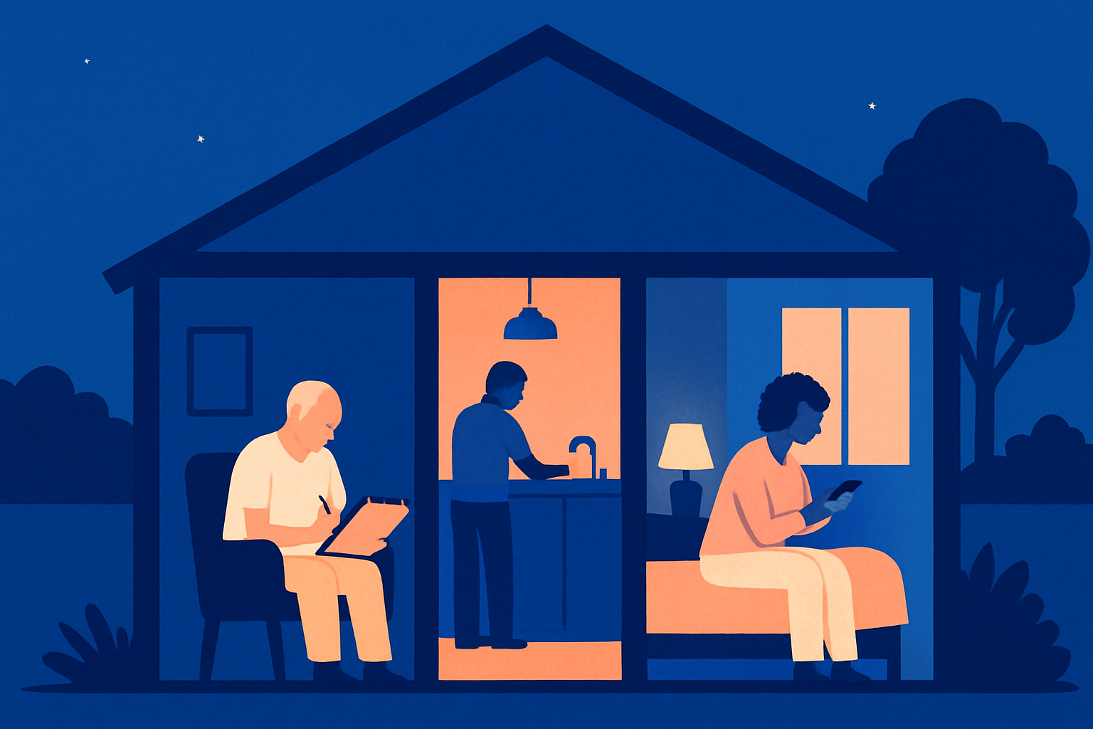A house at night: an older man writes, a man at the sink, and a woman on a bed with a phone