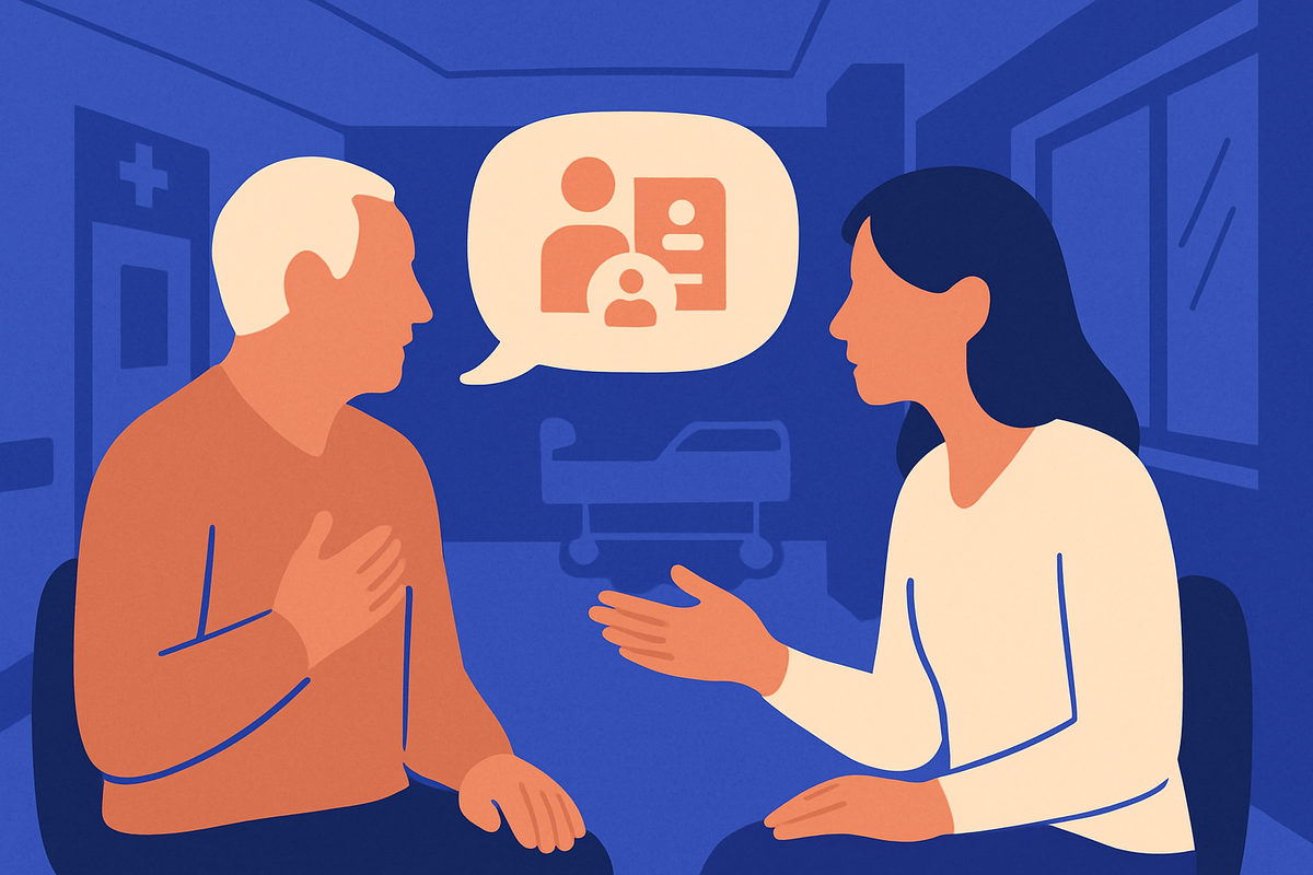 An older man and a woman talk, a speech bubble shows people and an ID card, a hospital bed behind