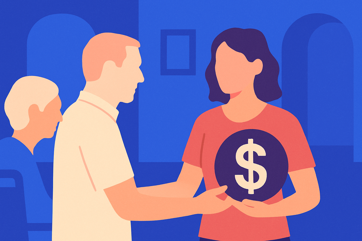 A young woman holds a large dollar-sign coin while talking with an older man