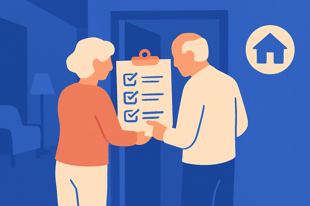 An older couple hold a checklist clipboard between them, a house icon nearby