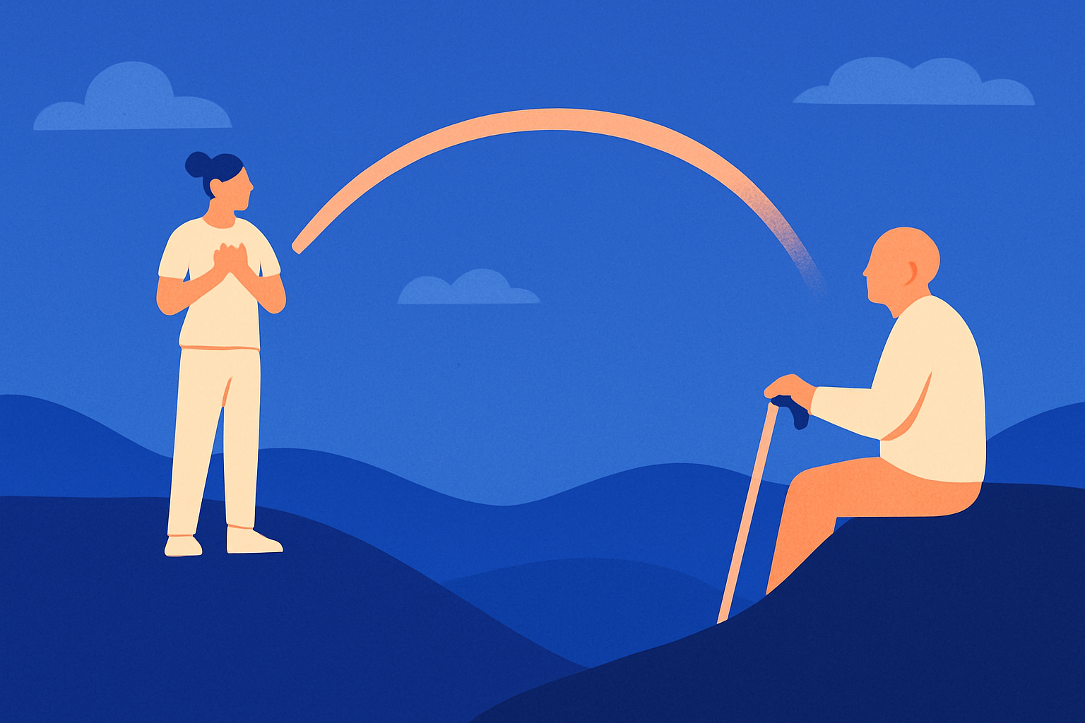 A younger person faces an older man with a cane across hills, linked by an arc in the sky