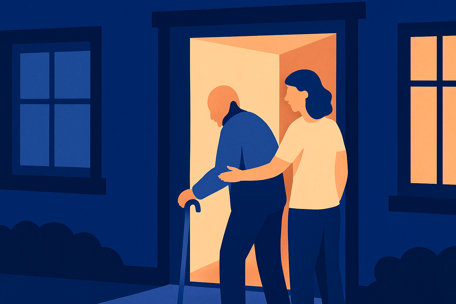 A person helps an older adult with a cane through a warmly lit doorway at night