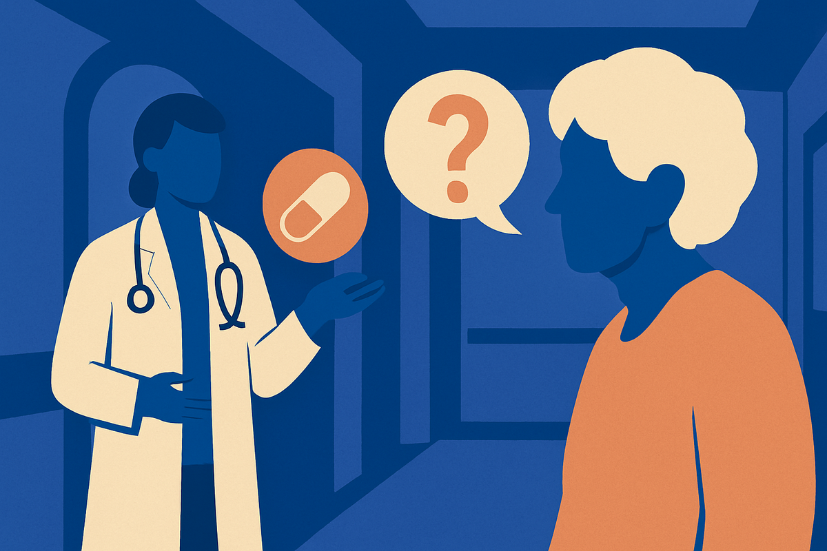 A doctor offers a pill as an older woman responds with a question-mark speech bubble