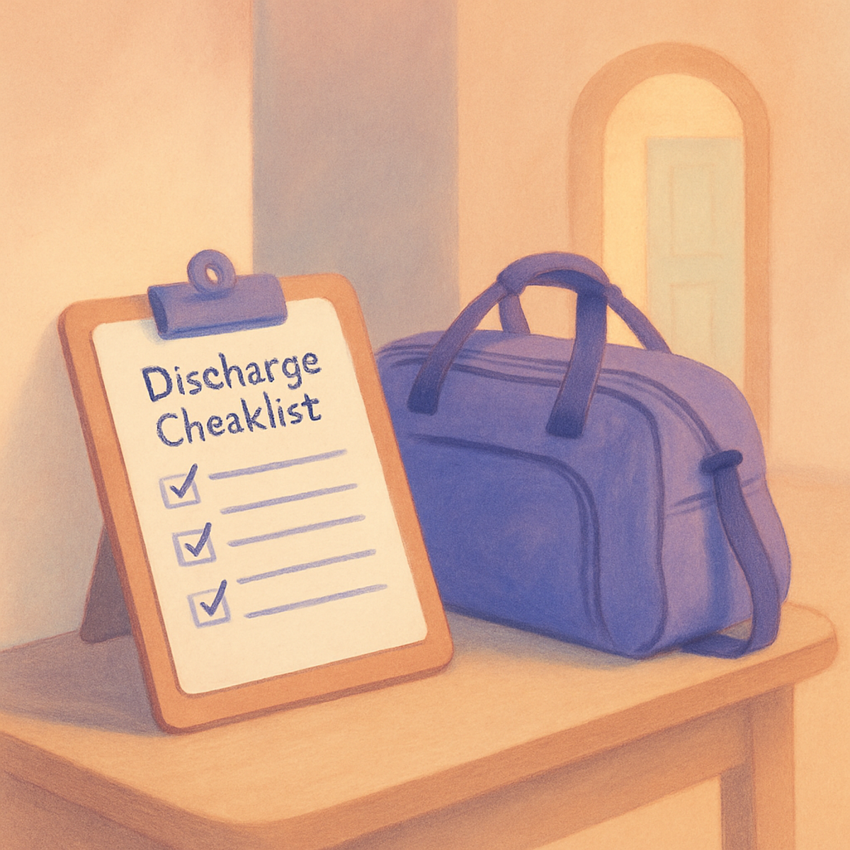 A discharge checklist on a clipboard beside a packed overnight bag