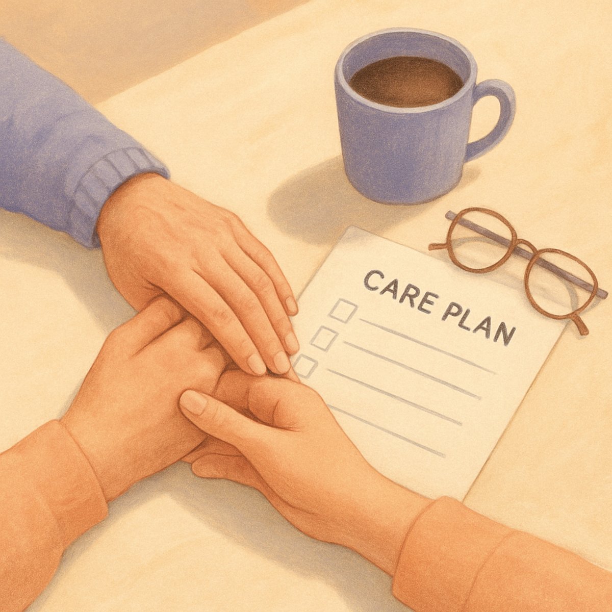 A caregiver reviewing a printed care plan with her parent at the kitchen table