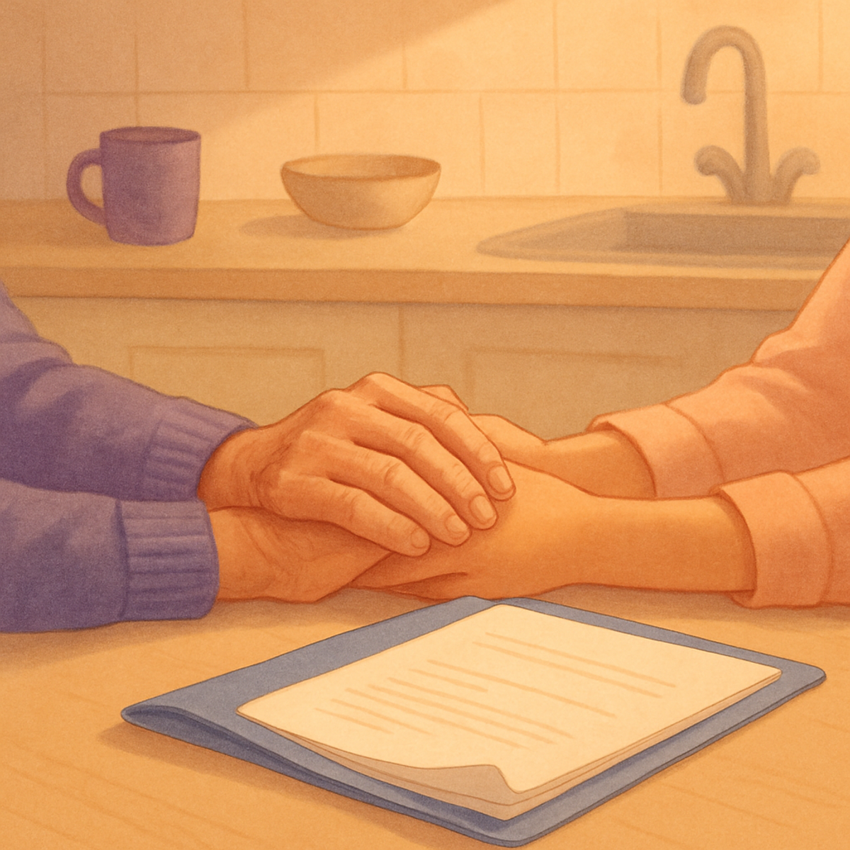 Two hands resting together on a kitchen table beside an open folder of paperwork