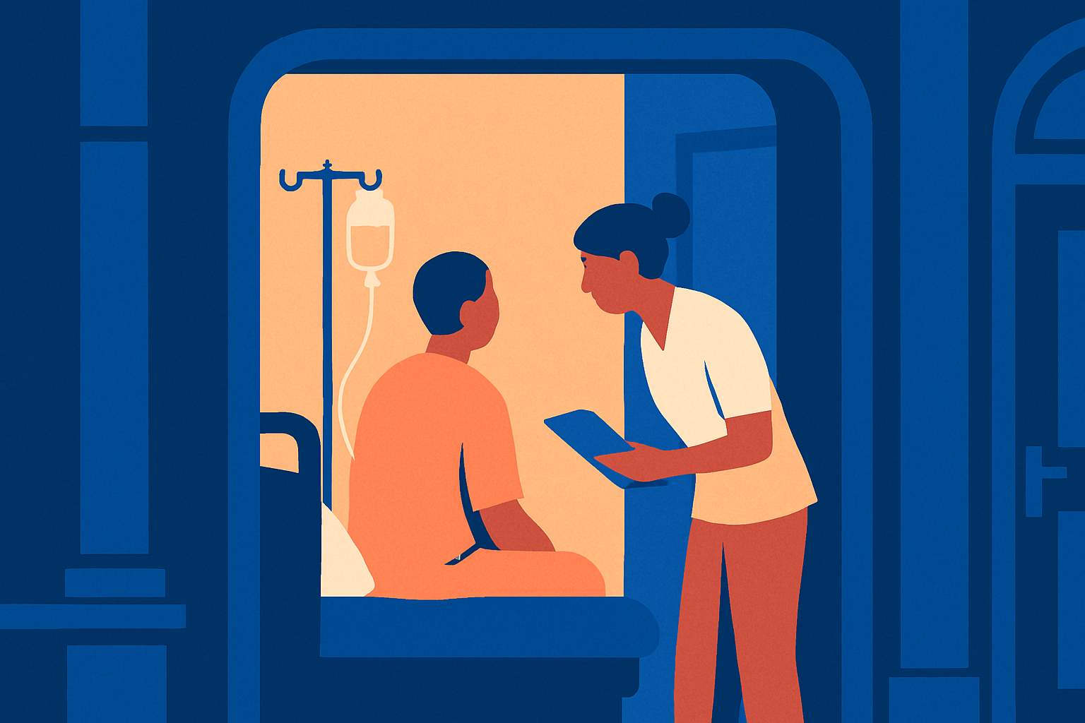 A printed discharge checklist on a clipboard beside a hospital bedside table
