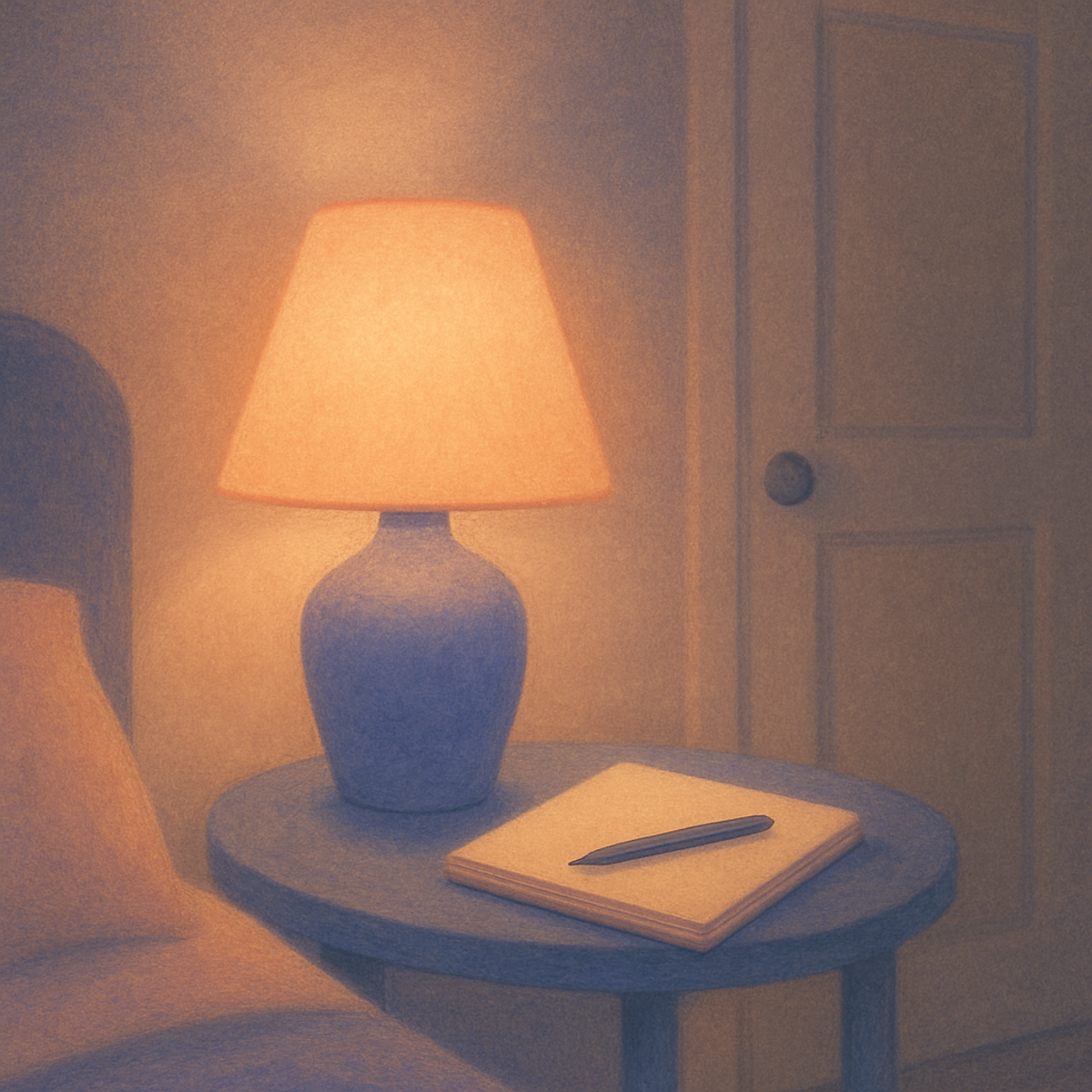 A softly-glowing bedside lamp at night with a notebook nearby