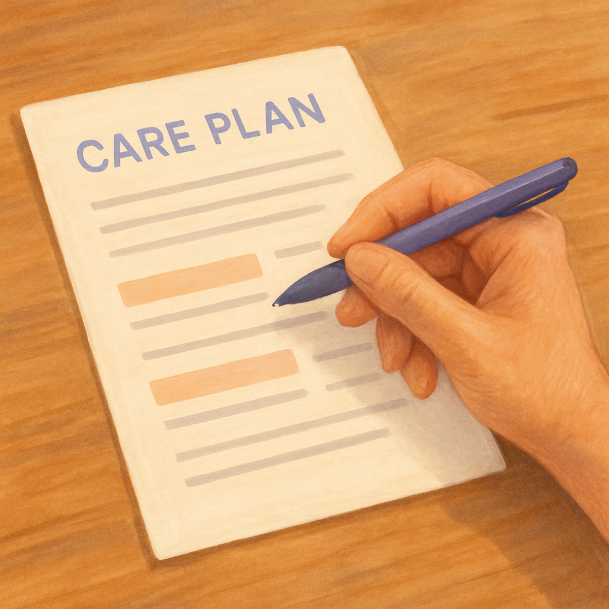 A hand resting on a printed one-page care plan on a wood table