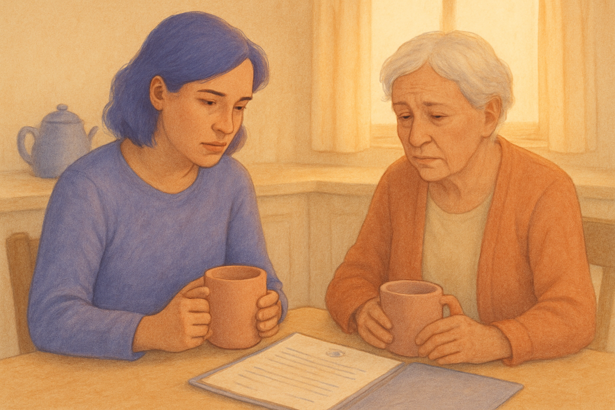 An adult child sitting with a newly diagnosed parent, reviewing a printed plan together