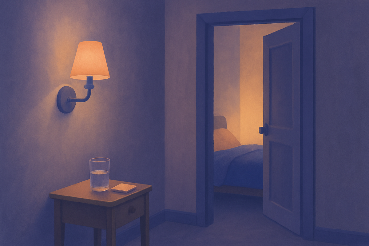 A daughter sitting on the edge of the bed with a softly-lit lamp on, gently keeping her mother company in the middle of the night
