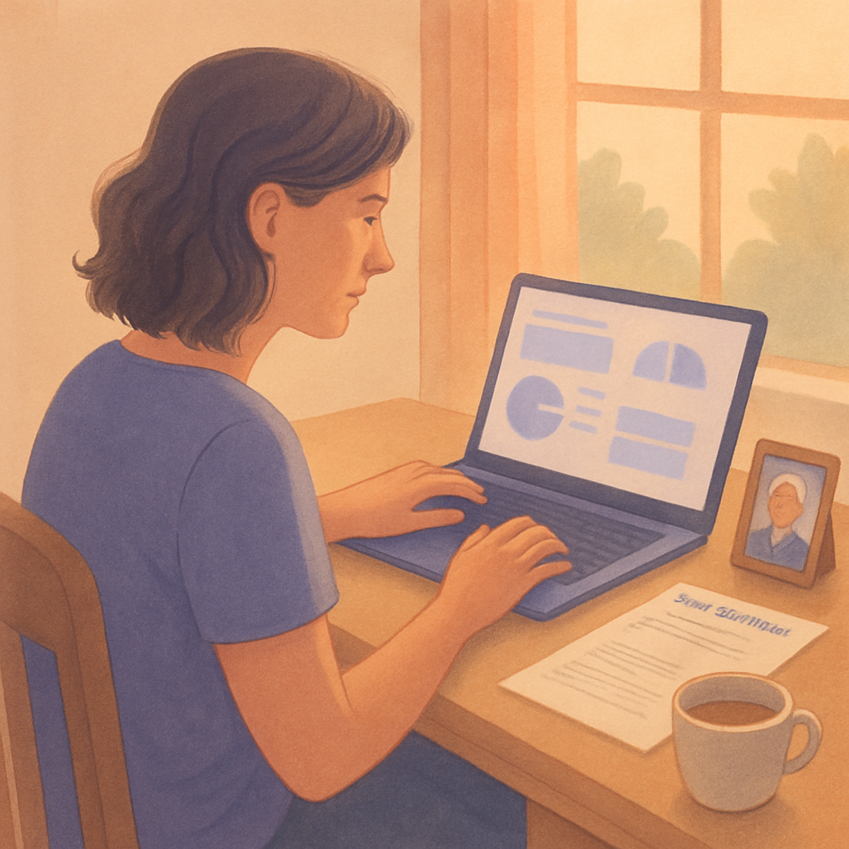 A long-distance caregiver at her laptop on a video call, with a printed care plan on the desk next to her