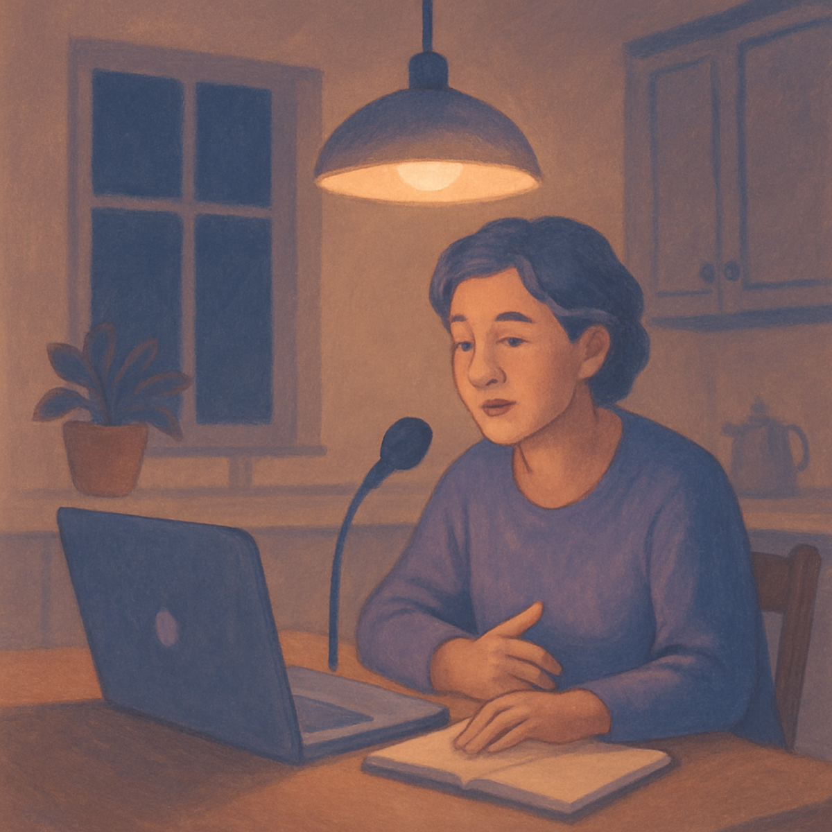 A caregiver in a softly-lit kitchen at night, talking through a hard evening on a laptop microphone instead of typing