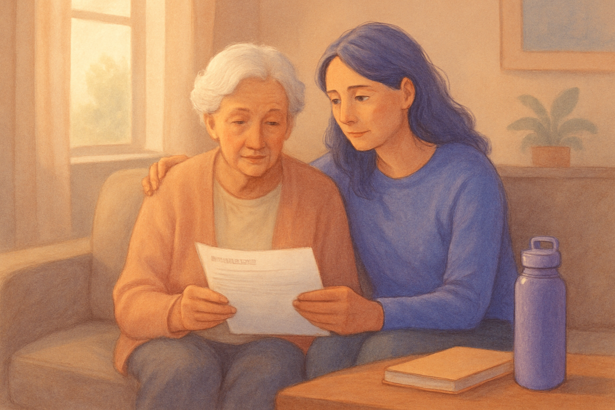 A daughter and her mother reviewing the discharge papers together at home