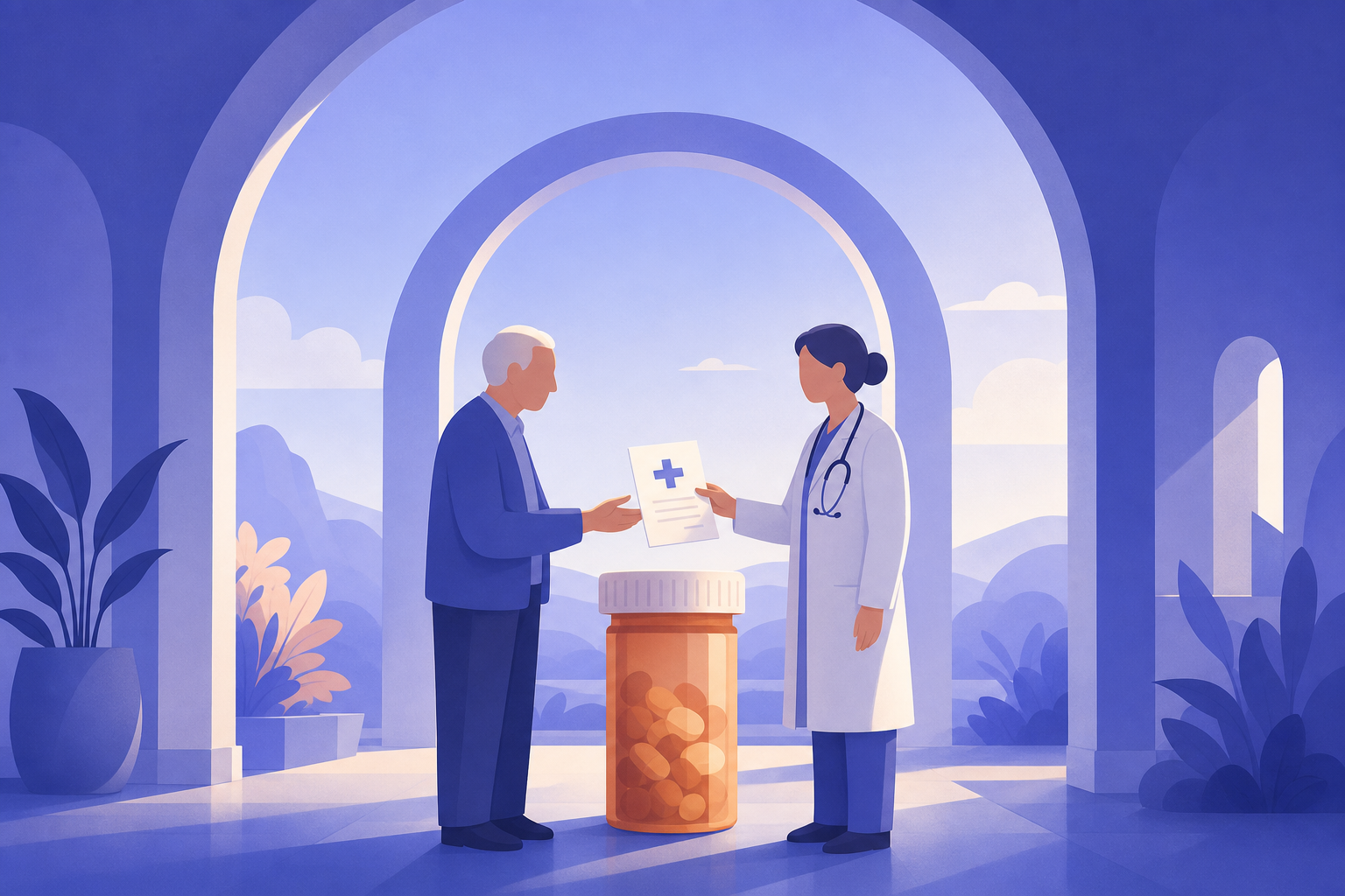 Two simplified figures talk beneath brand-blue arches, one holding a small prescription slip