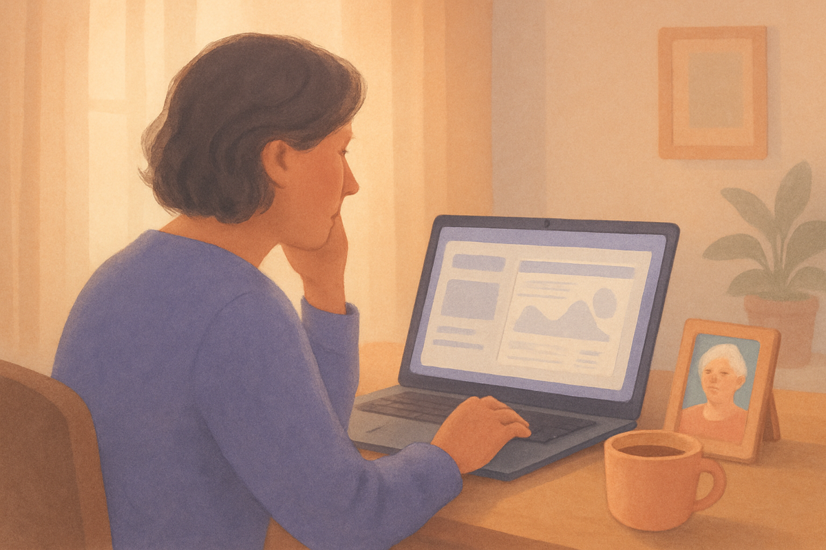A daughter on a phone call at her kitchen table, reviewing a printed care plan for her elderly parent in another state