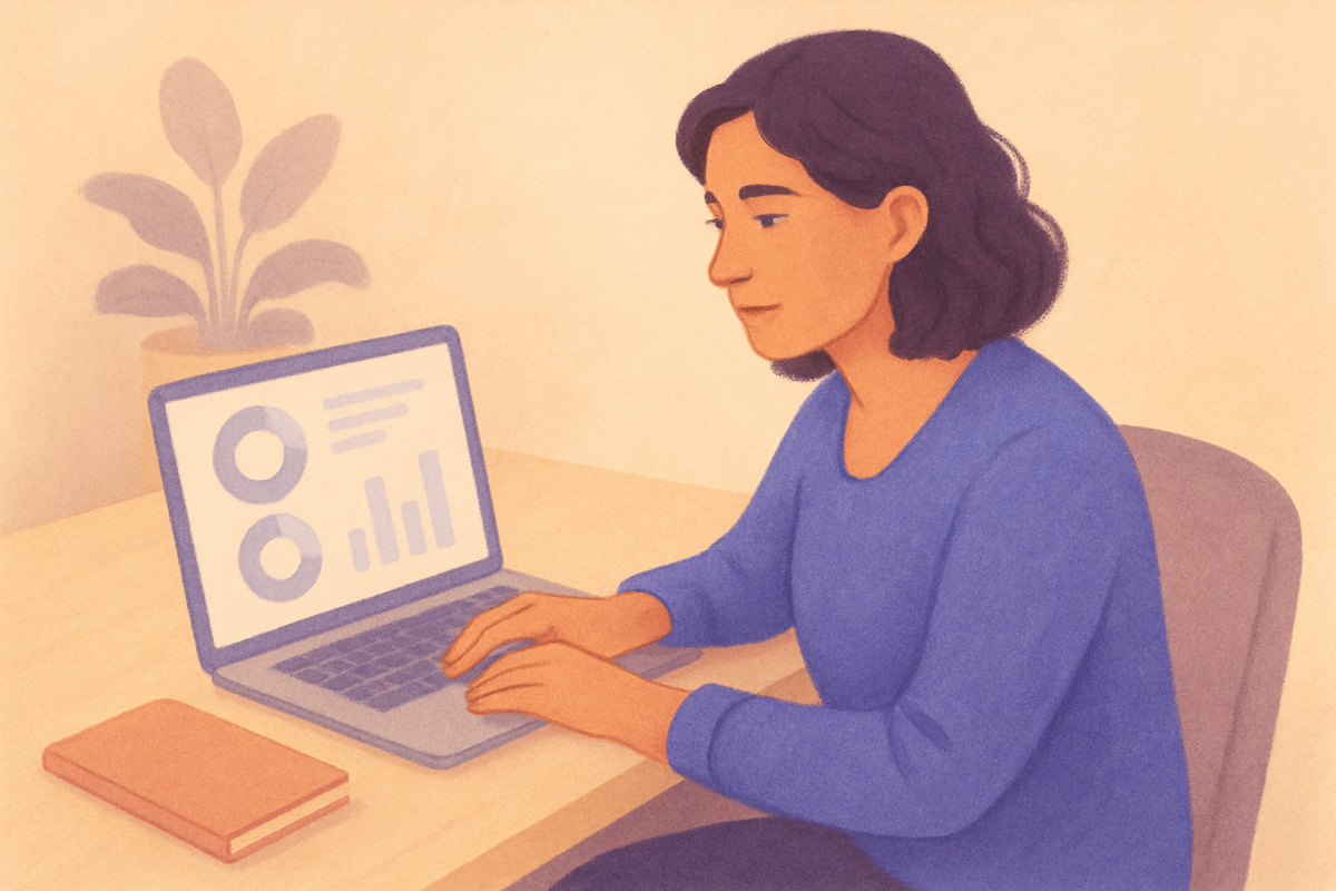 A care manager at their desk, working from a laptop with a notebook and tea nearby