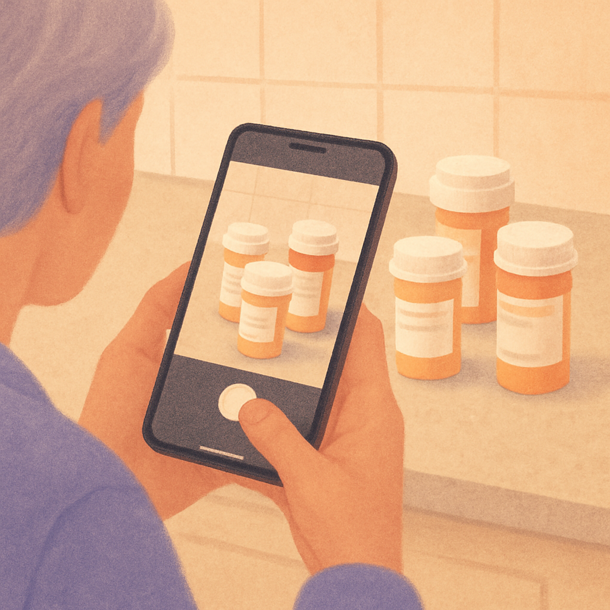 A smartphone photographing prescription pill bottles on a kitchen counter