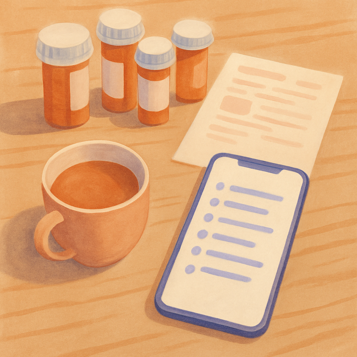 A caregiver reviewing a printed medication list with the pharmacist on the phone