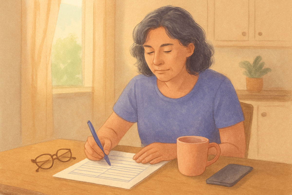 A daughter sitting at the kitchen table with her aging mother, writing notes about her care