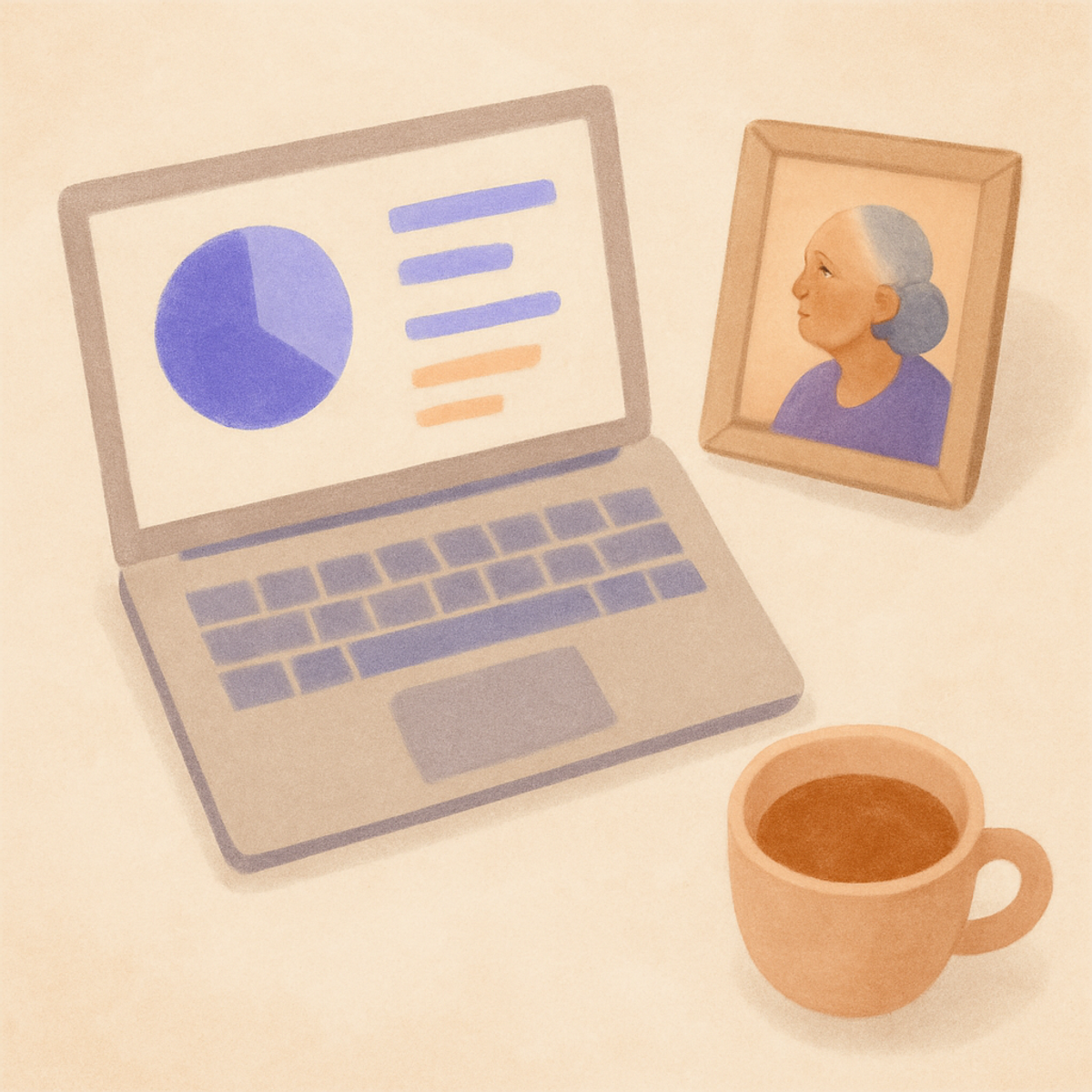 A laptop open beside a small framed photo of an aging parent and a cup of tea
