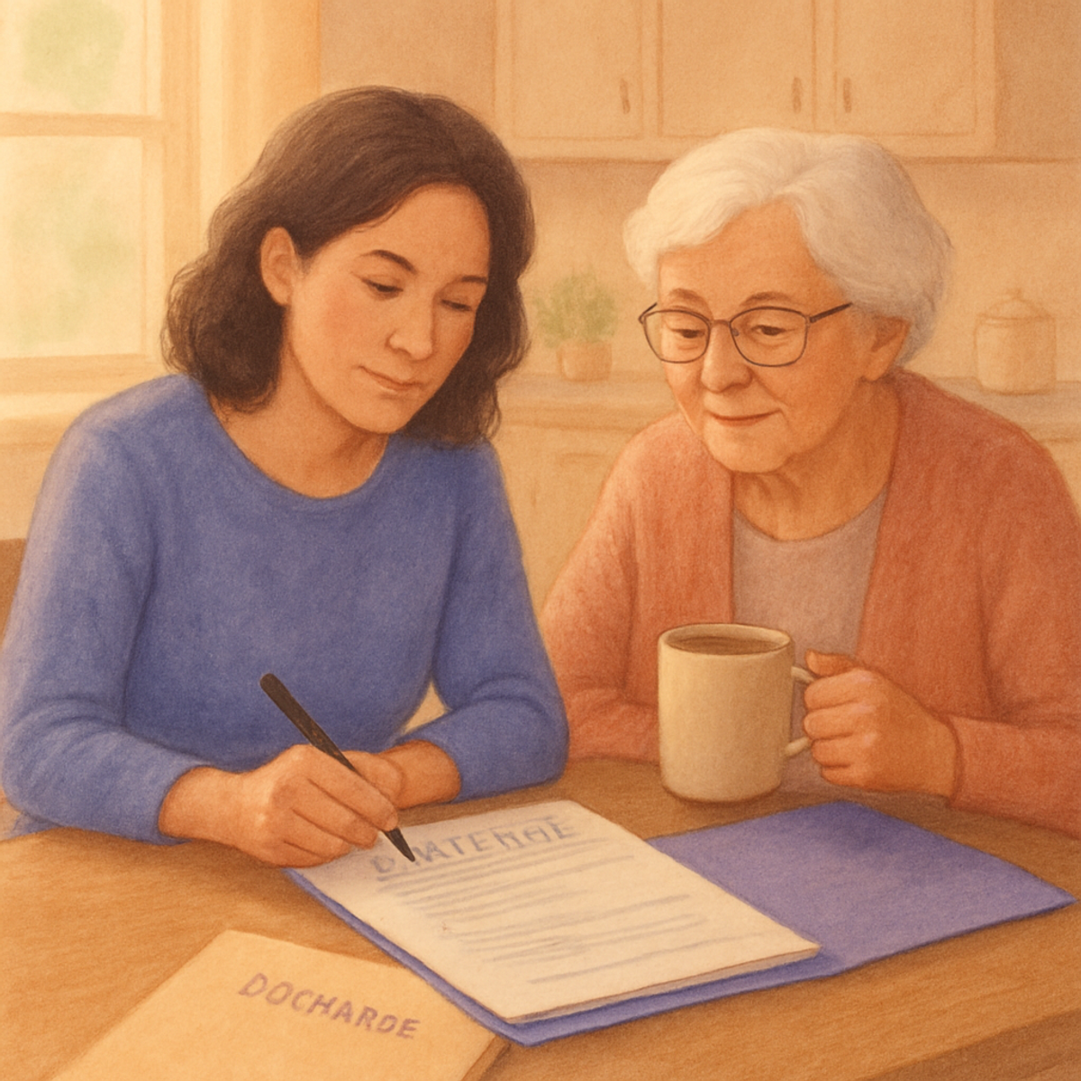 A caregiver reviewing a printed care plan with her parent