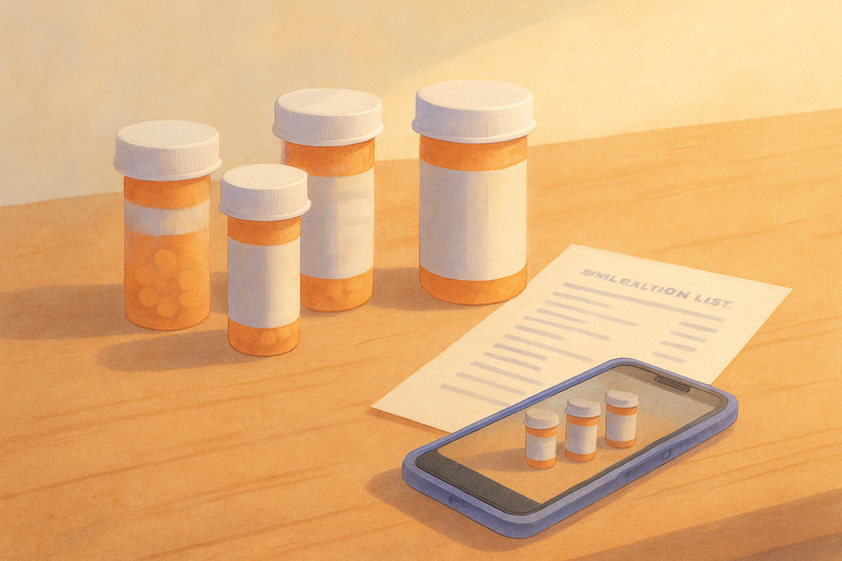 A caregiver photographing pill bottles on a kitchen table to build a clean medication list
