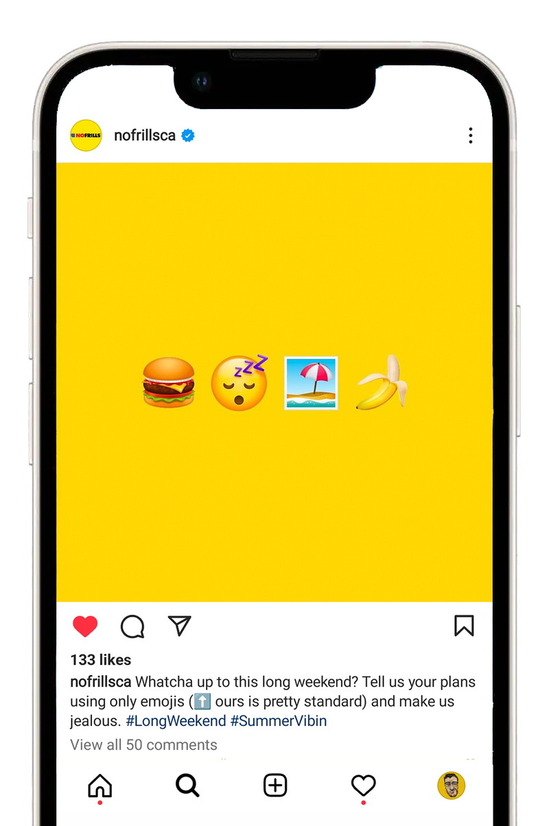 No Frills Instagram post asking followers to share their long-weekend plans in emojis