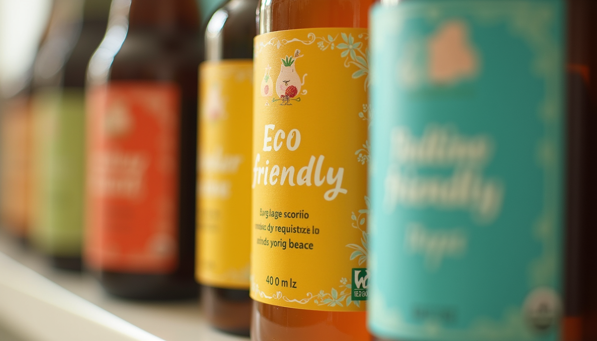 Close-up view of a vibrant product label with eco-friendly messaging