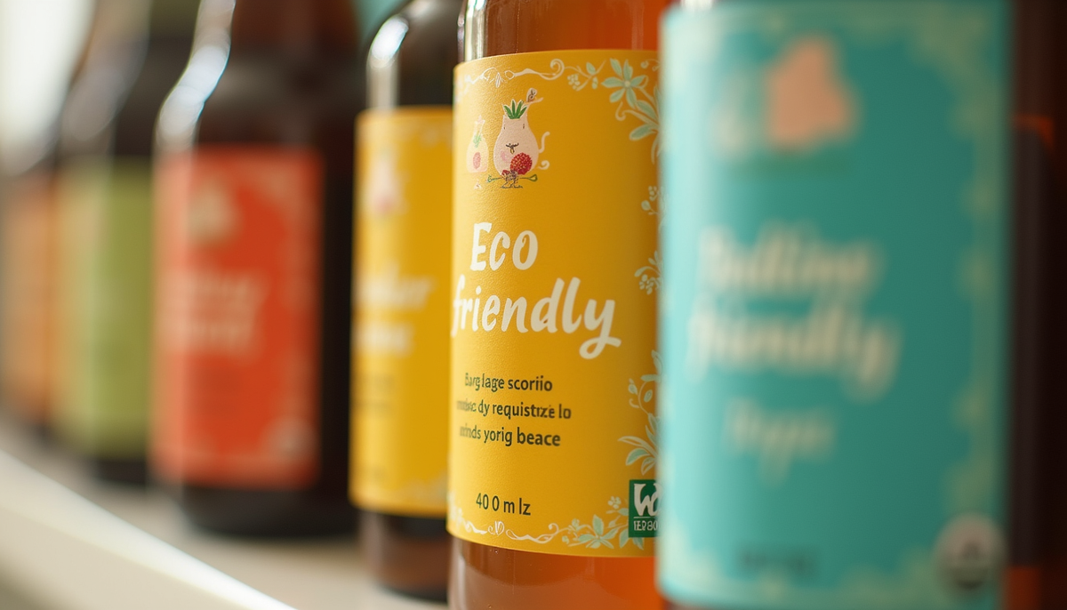 Close-up view of a vibrant product label with eco-friendly messaging