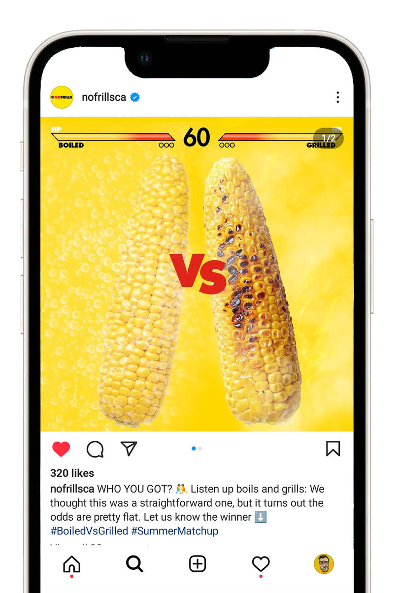 No Frills Instagram post comparing boiled and grilled corn on the cob