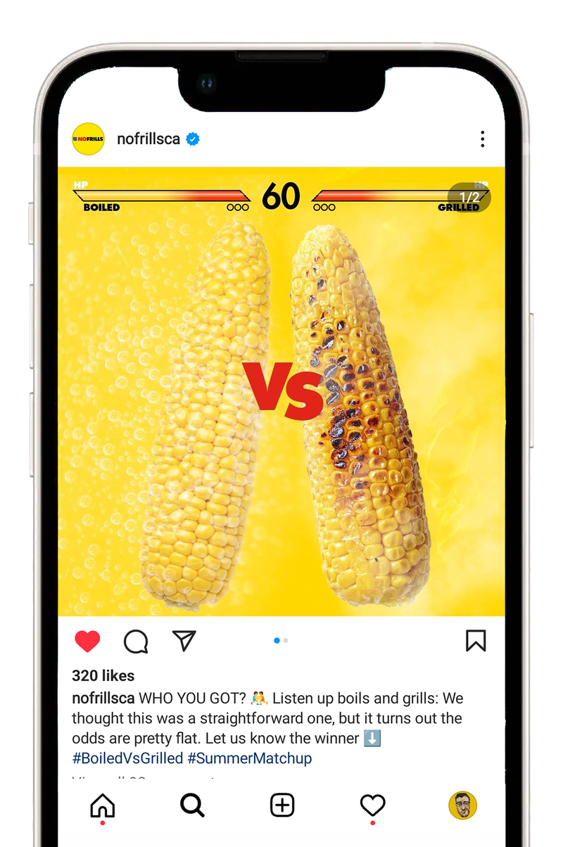 No Frills Instagram post comparing boiled and grilled corn on the cob