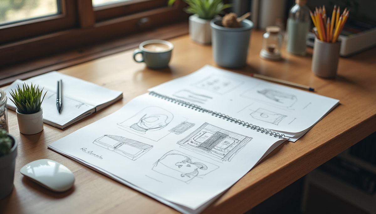 High angle view of a creative workspace with branding materials and sketches
