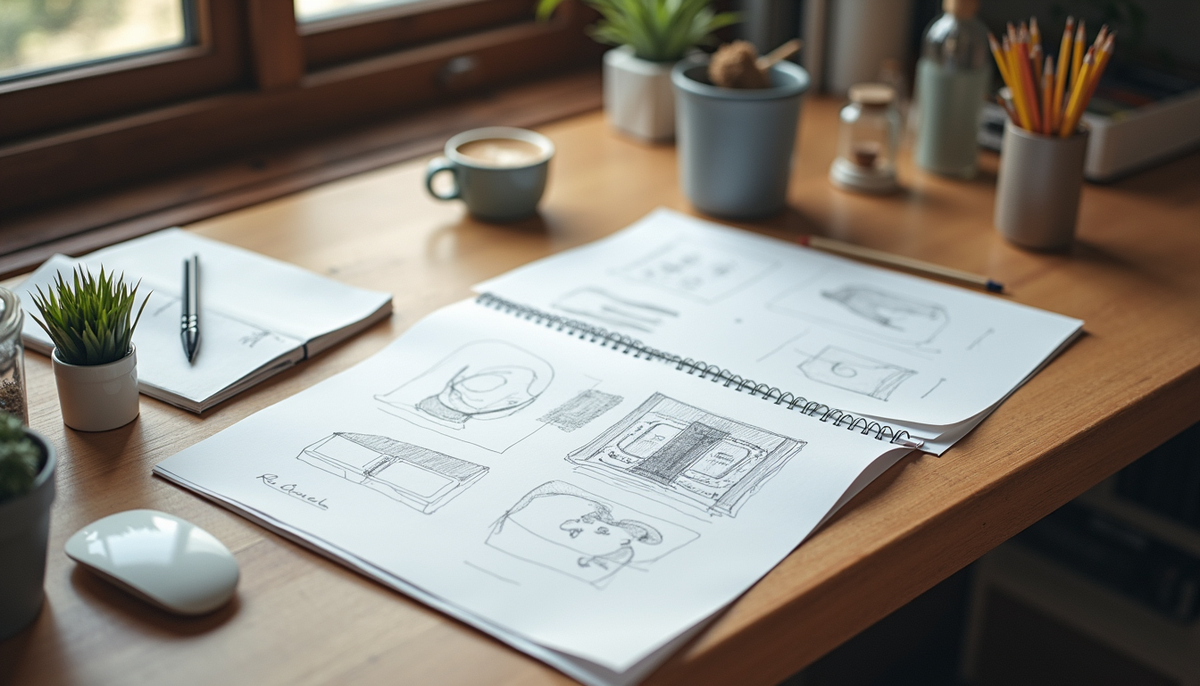 High angle view of a creative workspace with branding materials and sketches