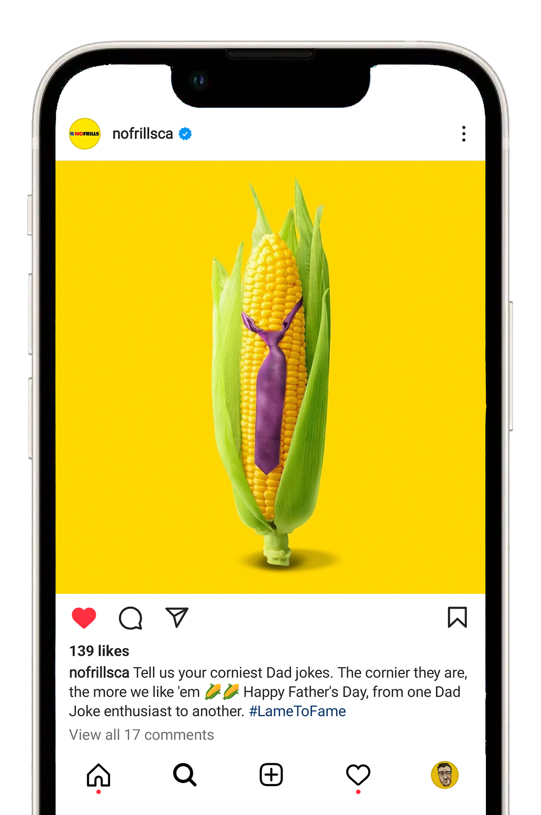 No Frills Instagram post of a corn on the cob wearing a tie