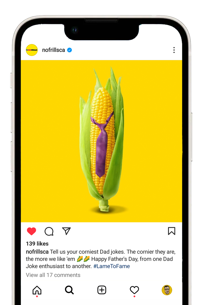 No Frills Instagram post of a corn on the cob wearing a tie