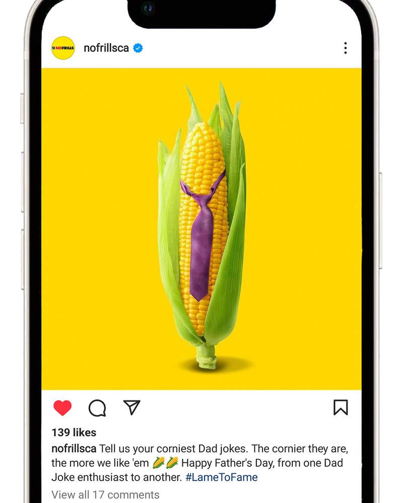 No Frills Instagram post of a corn on the cob wearing a tie