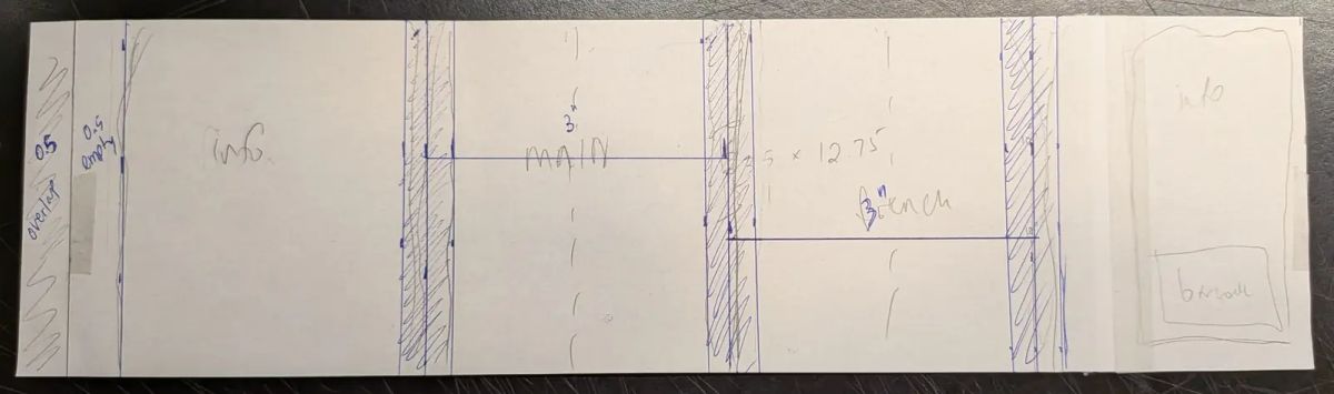 Hand-drawn label dieline on paper: info, main and French panels, hatched no-go zones at the tub's corners, a half-inch overlap and a barcode panel