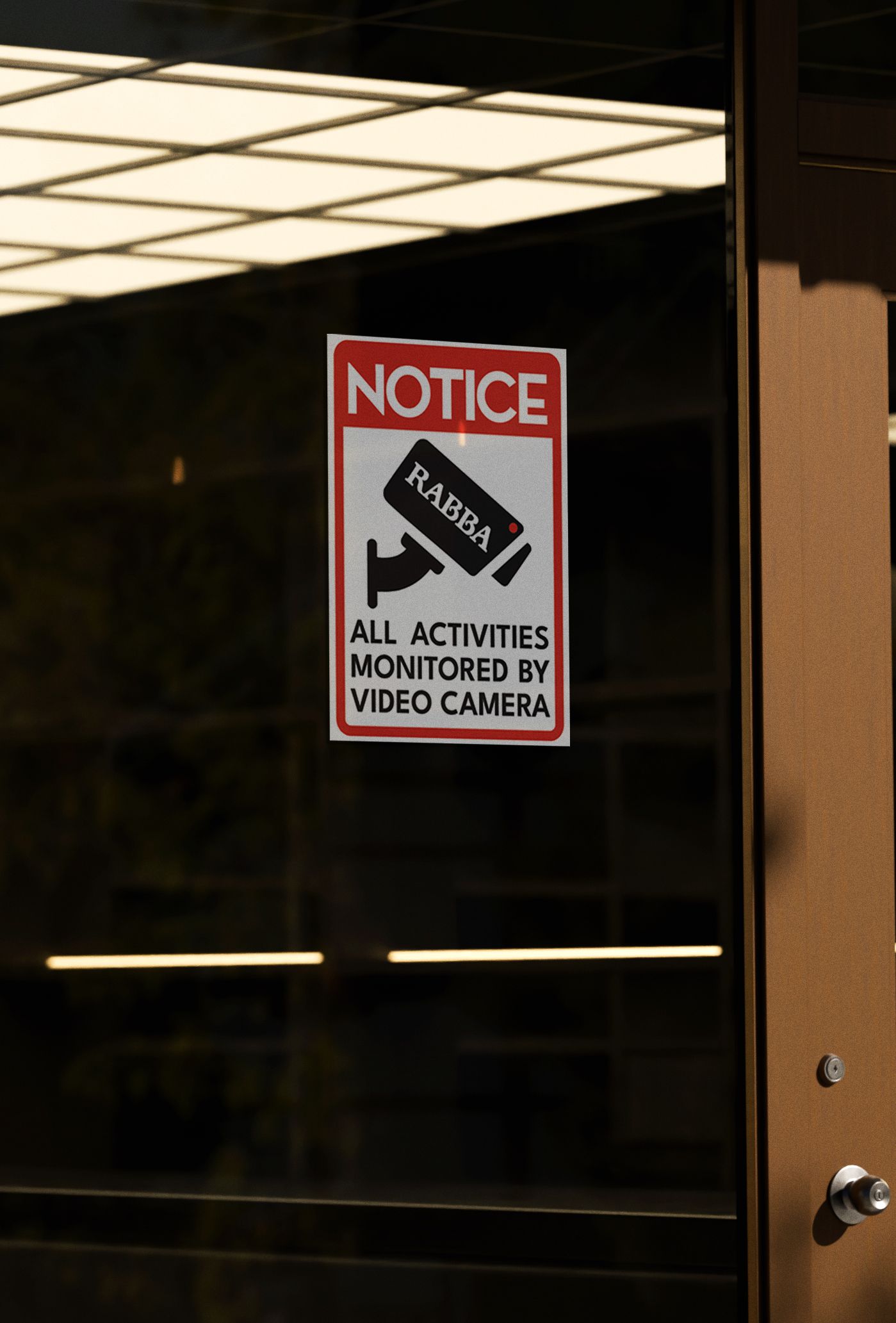 Rabba-branded notice on a store door: all activities monitored by video camera