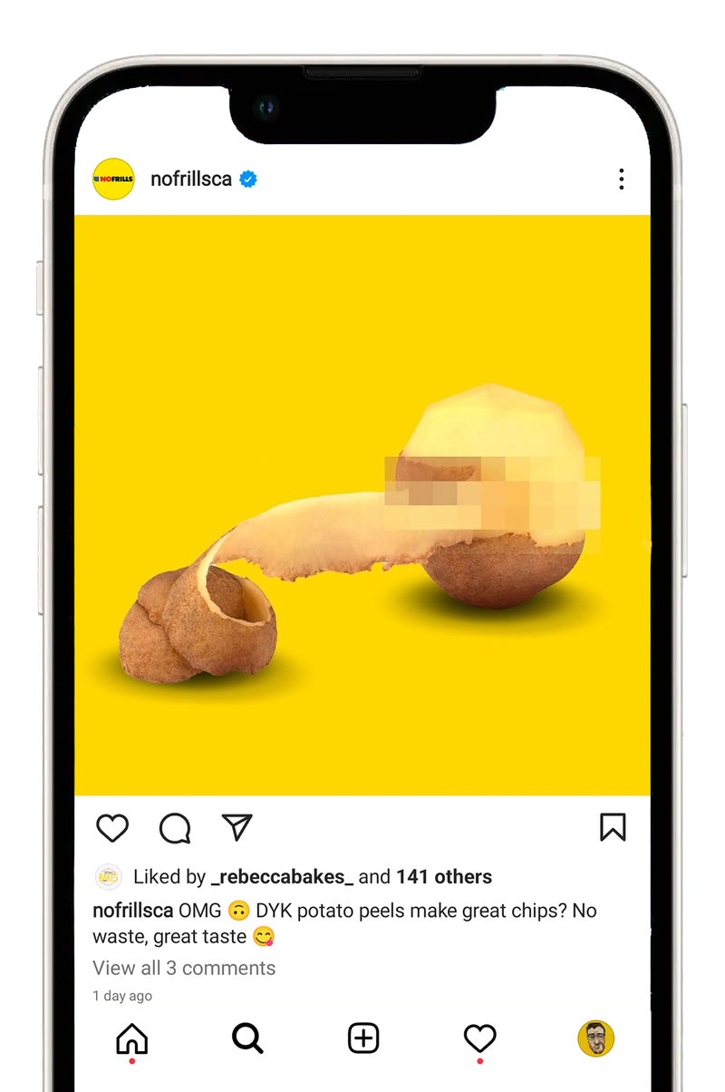 No Frills Instagram post of a potato being peeled