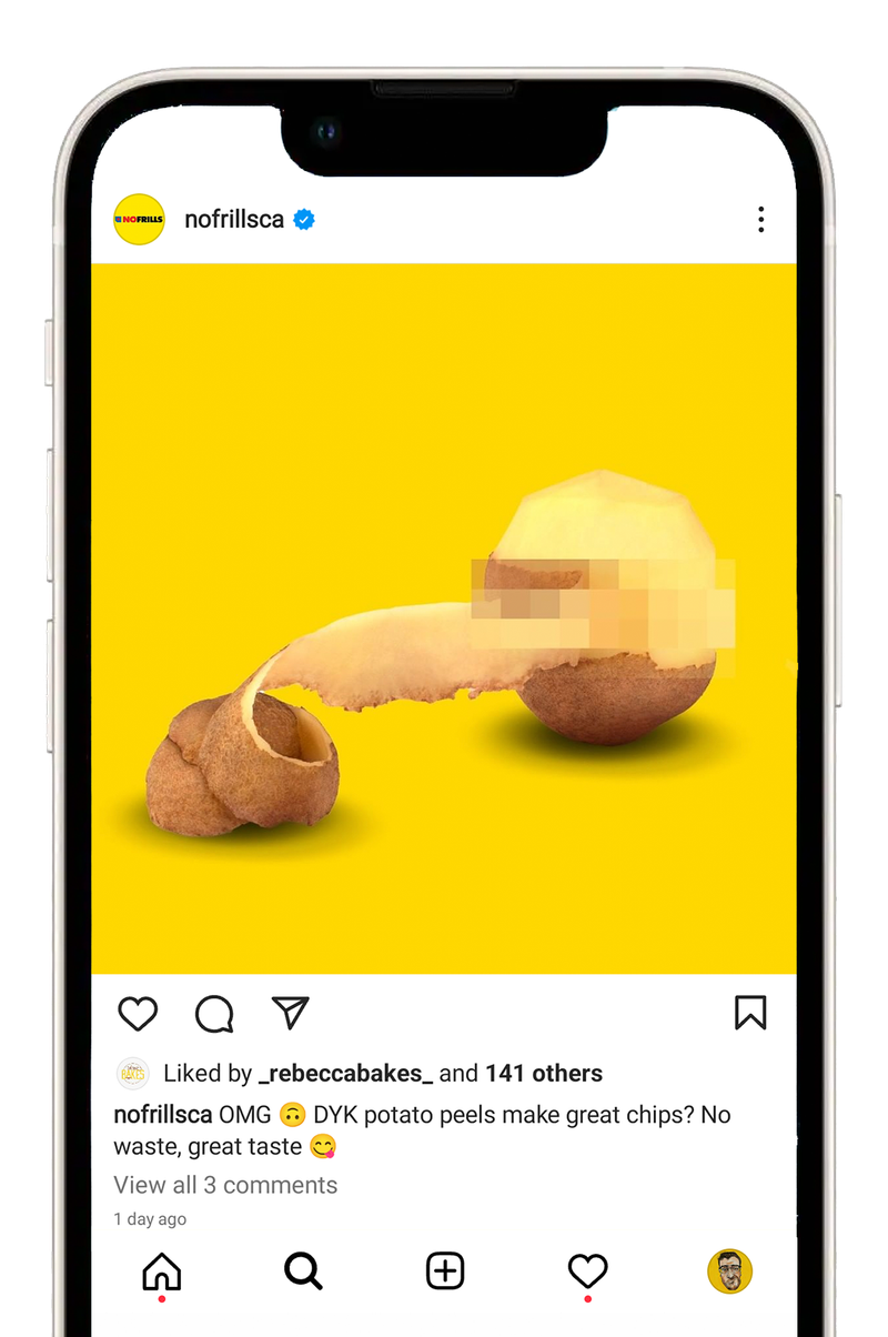 No Frills Instagram post of a potato being peeled