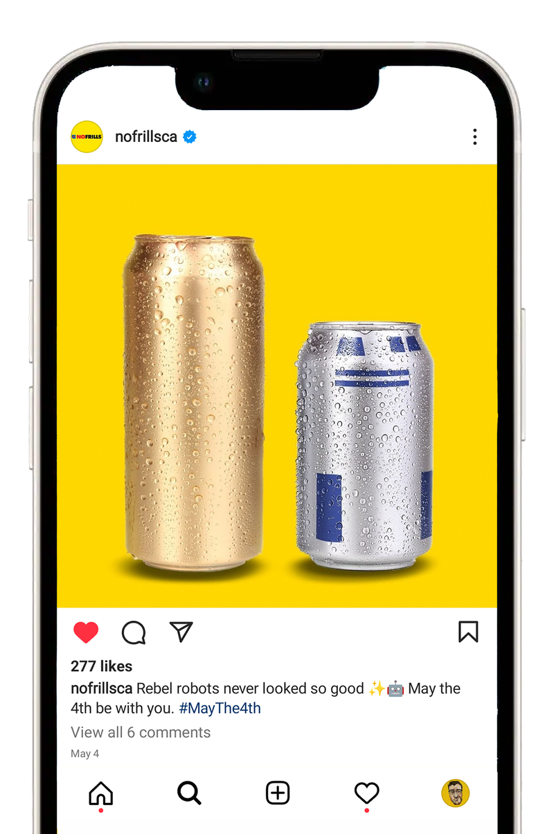 No Frills Instagram post of two soda cans acting out a Star Wars scene