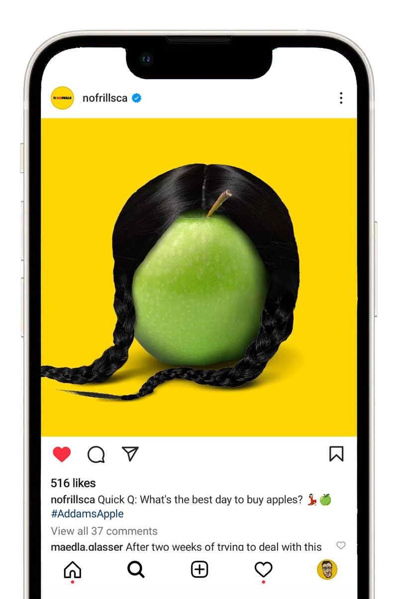 No Frills Instagram post of a green apple dressed as Wednesday Addams